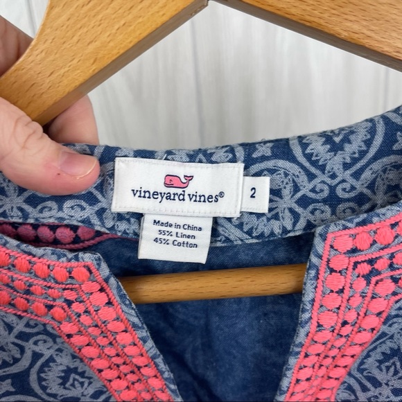 Vineyard Vines Blue Patterned Embroidered Linen Blend Short Sleeve Tunic Dress - Picture 4 of 4